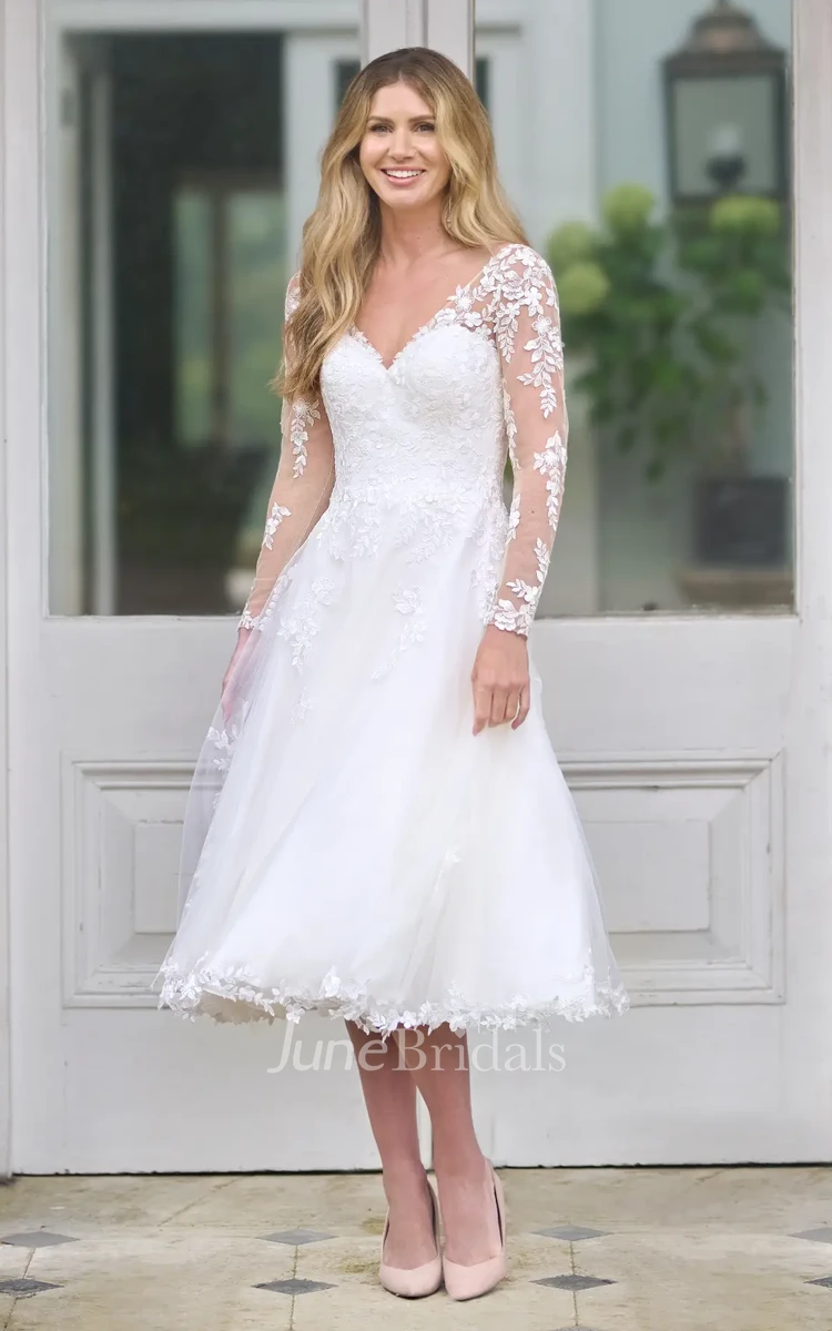 Romantic Tea Length Lace V Neck Wedding Dress Modern Illusion Long Sleeves Sweetheart Gown