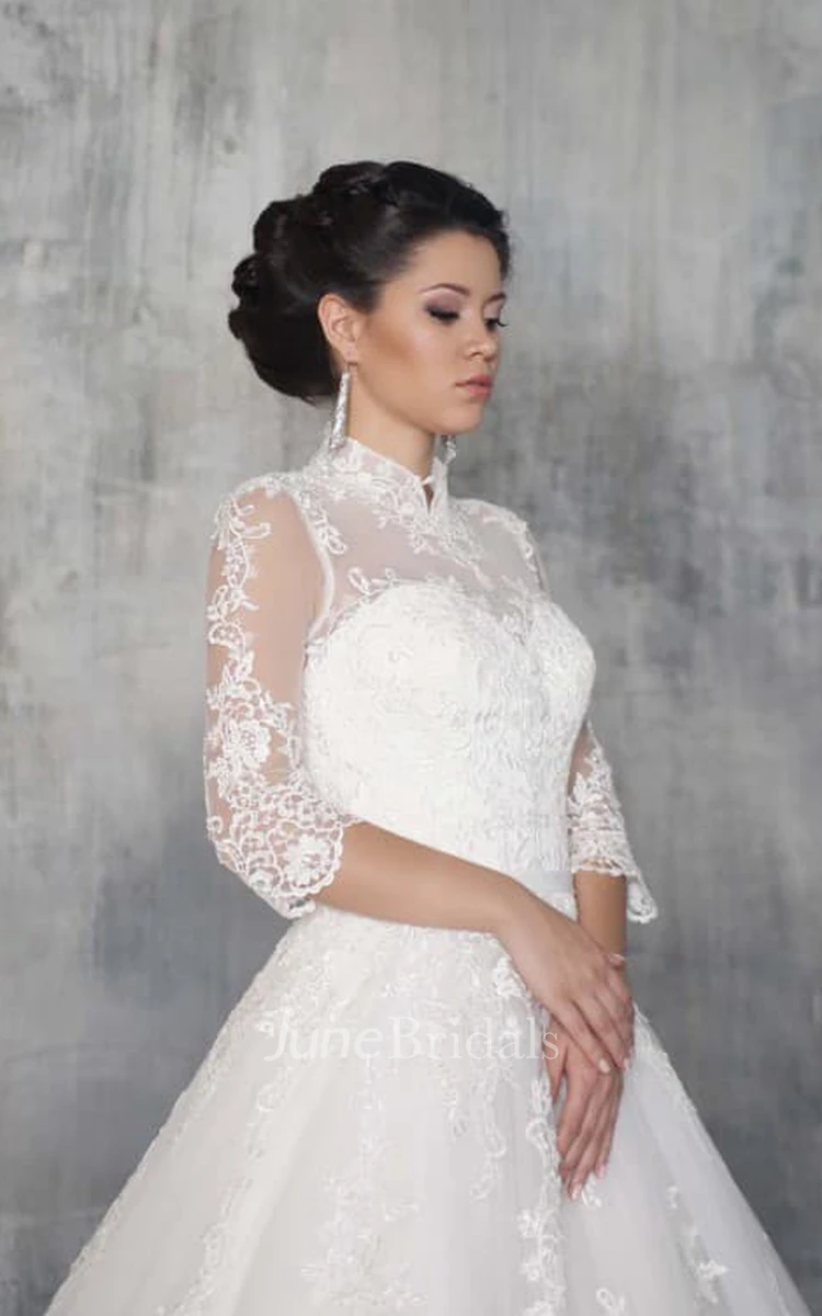 Ball Gown Long High-Neck 3-4-Sleeve Illusion Tulle Dress With Appliques