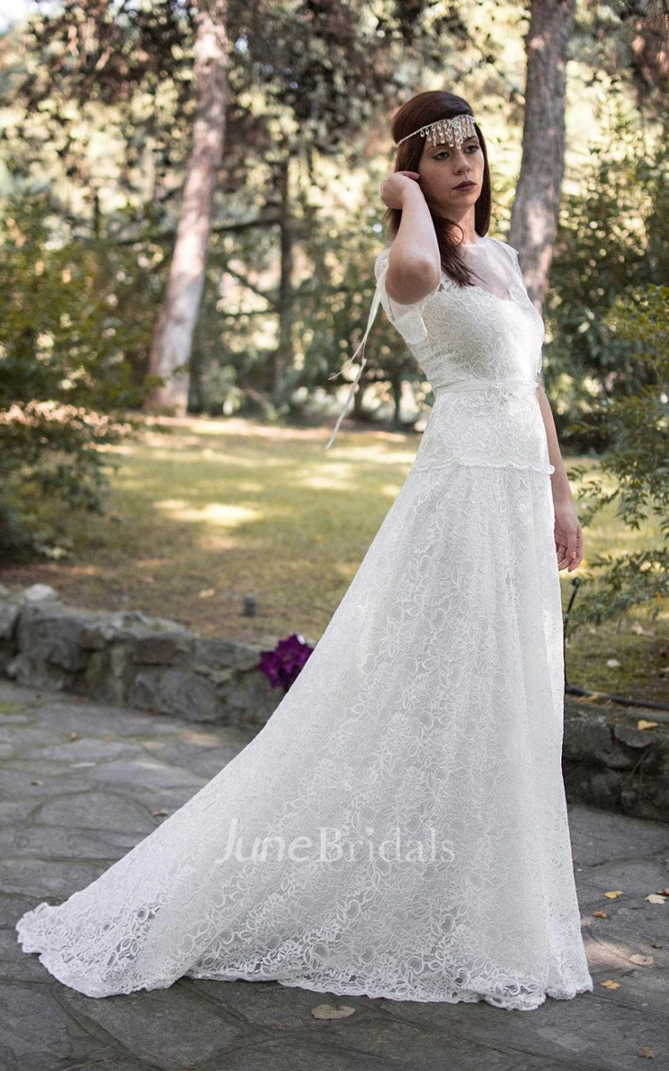 Jewel Short Bell Sleeve Lace Wedding Dress With Illusion Back And Sash