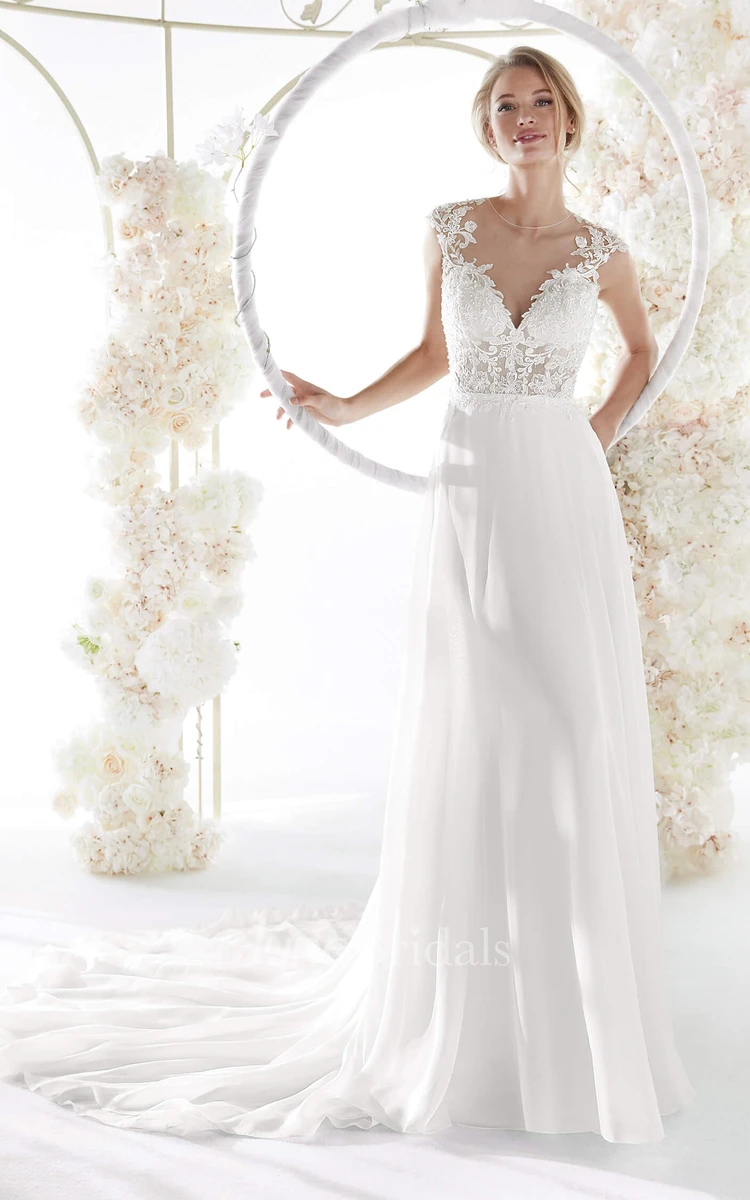 Lace And Chiffon Cap Sleeve Elegant Illusion Wedding Gown With Plunging Neckline And Keyhole Back