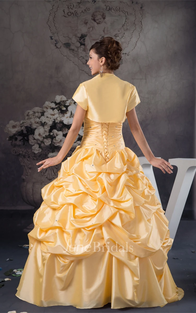 Strapless Ruched Pick-Up Ball Gown with Bow and Bolero