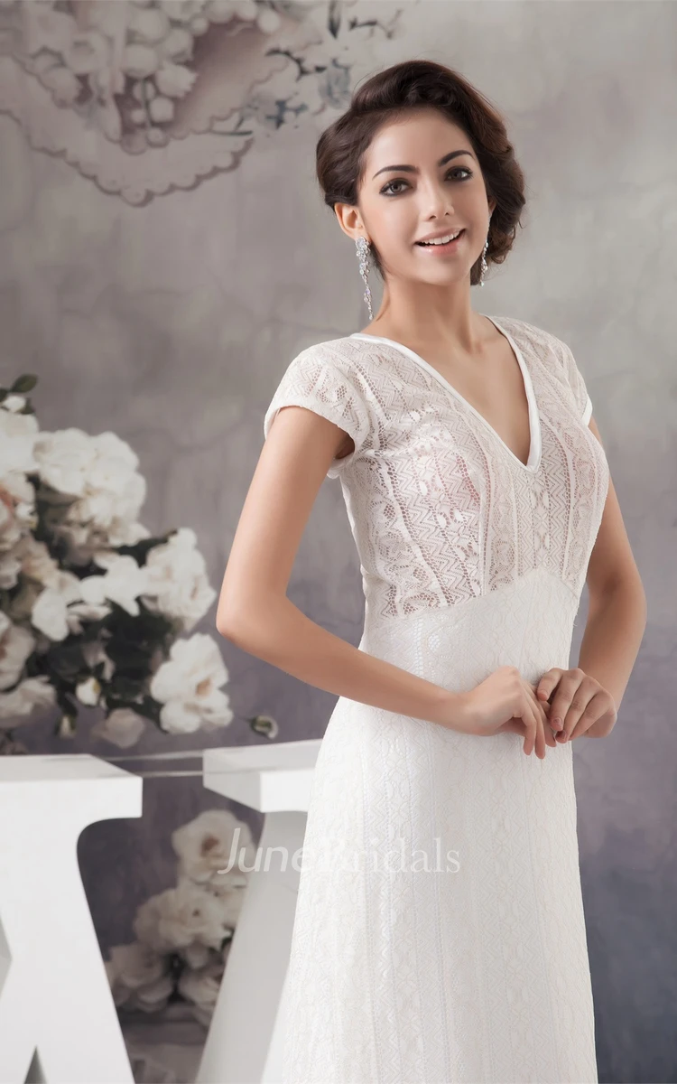 Plunged Caped-Sleeve Sheath Dress with Lace and Brush Train