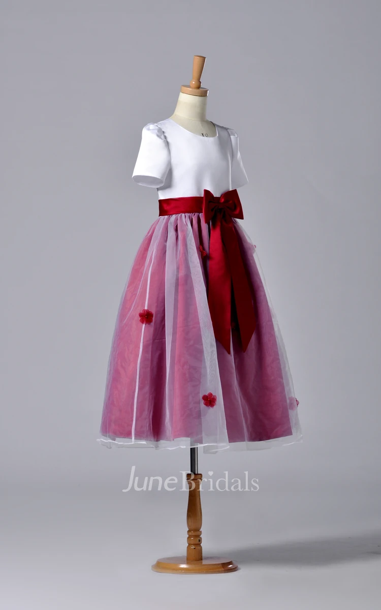 Short Sleeve High Neck Pleated Organza Dress With Bowknot