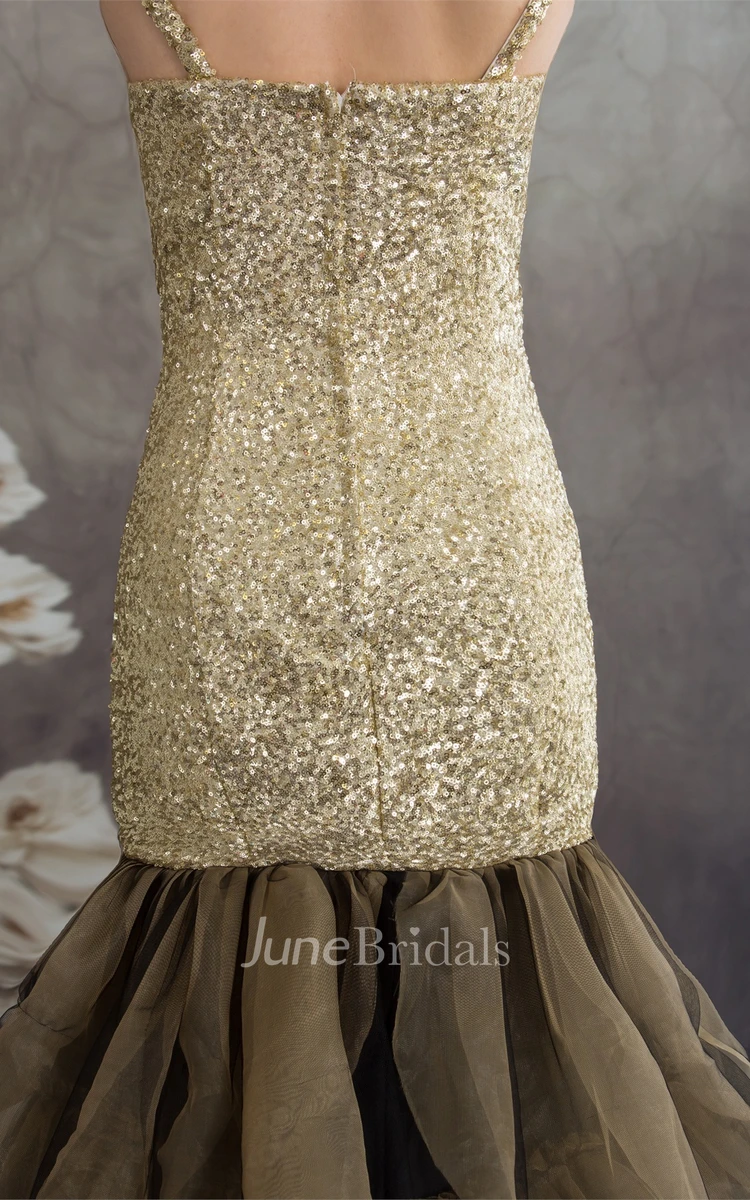 Plunged Tiered Trumpet Gown with Tiers and Sequined Bodice