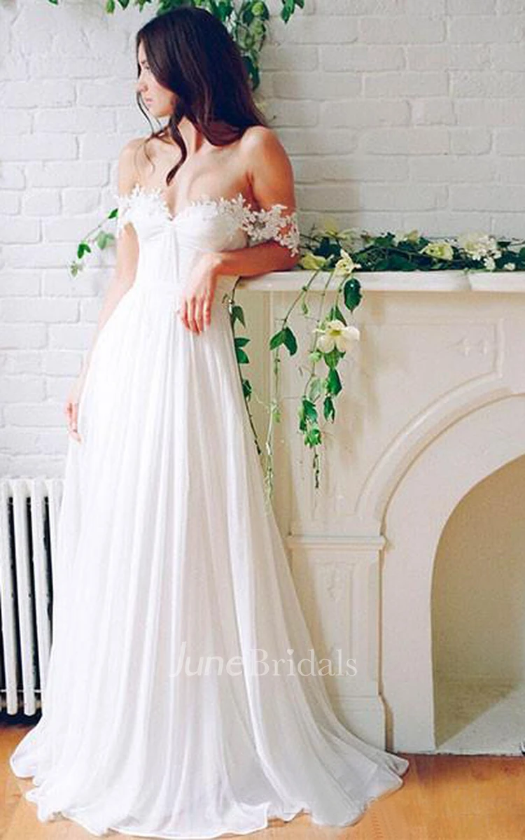 Beach Chiffon A line Floor Length Off-Shoulder Bridal Gown With Pleats