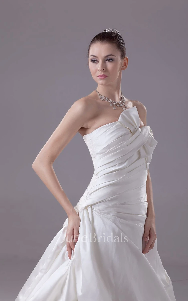 Strapless A-Line Ruched Gown With Bow and Pick-Up Design