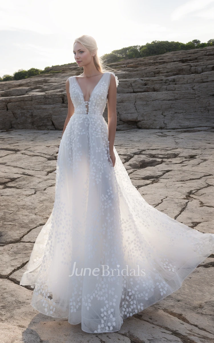 Romantic Petal Lace Fall Autumn Flowy Wedding Dress A-Line Deep V-Neck Train Gown