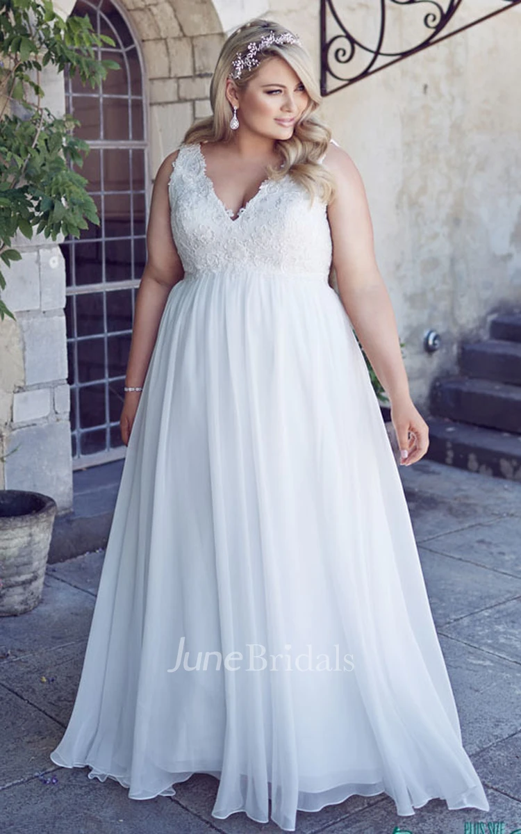 V-Neck Floor-Length Sleeveless Chiffon Plus Size Wedding Dress With Appliques