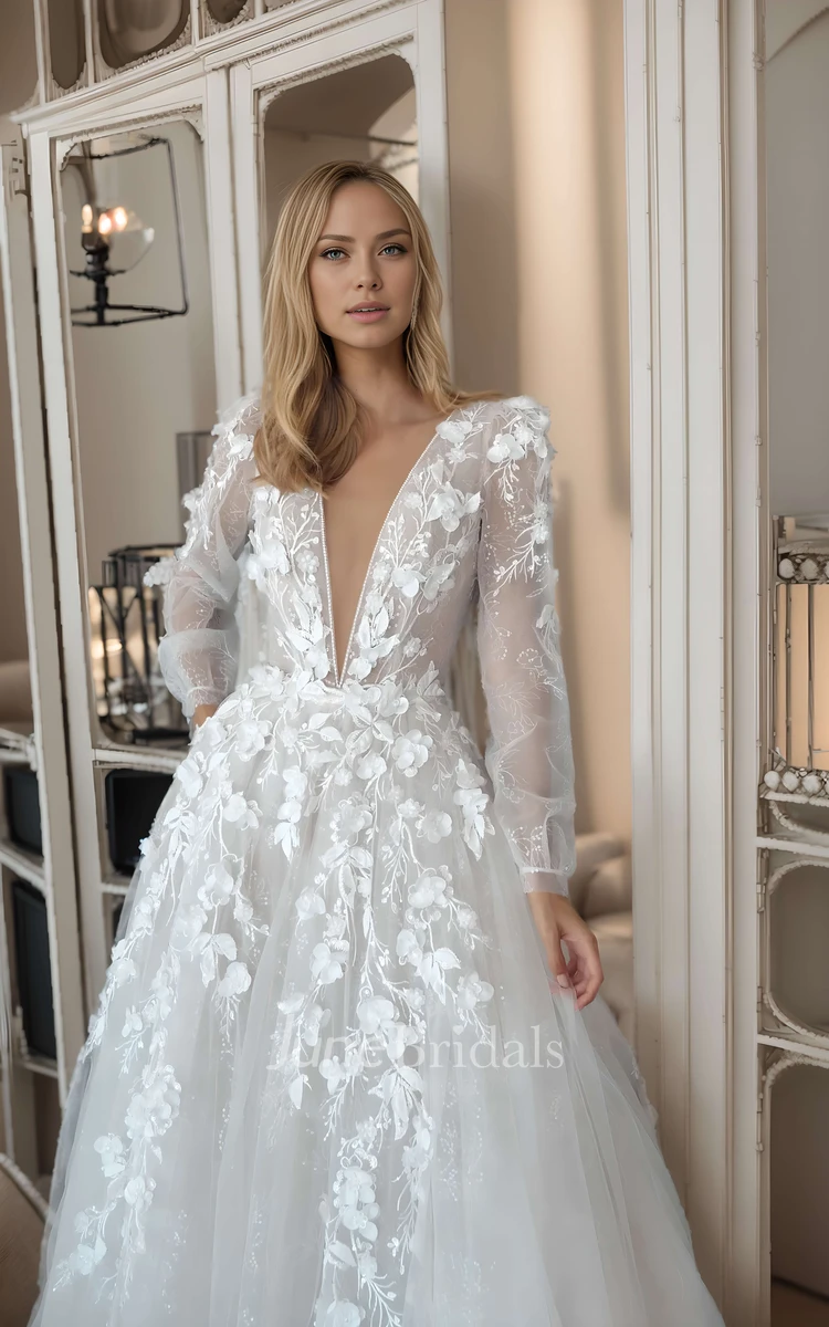 Winter Floral A-Line Lace Long Sleeve 3D Appliques Wedding Dress Ethereal Airy Tulle Plunging Neckline Deep-V Back Bridal Gown with Train