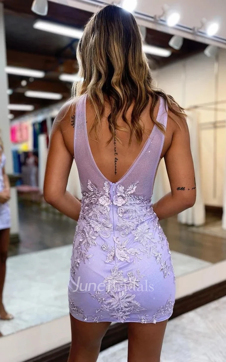 Short Floral Masquerade Bodycon Boho Lace Homecoming Dress Sexy Elegant Plunging Deep-V Back Mini Party Gown with Appliques