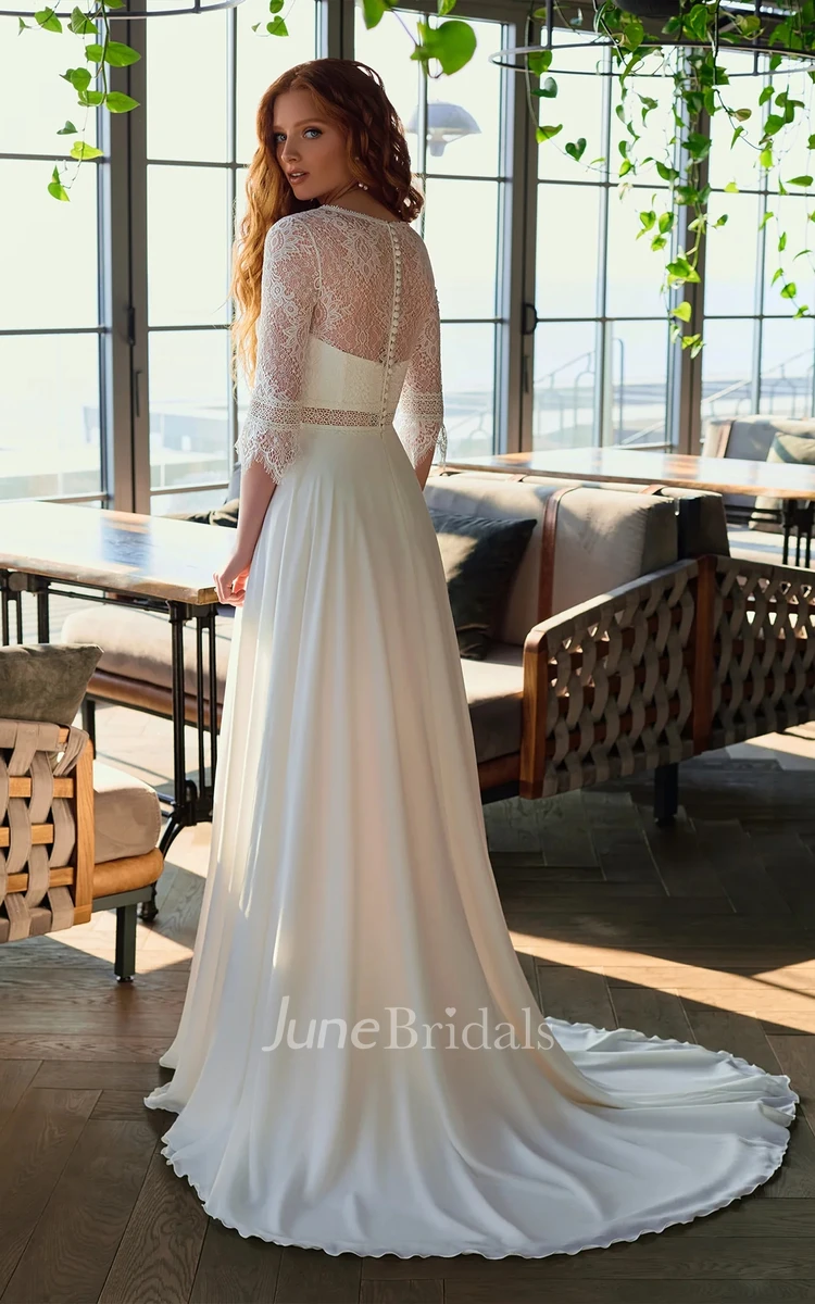 A-Line Satin Lace Illusion Half Sleeve Gorgeous Sweep Train Wedding Dress