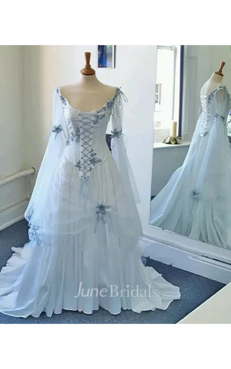 A-line Scoop Bell Long Sleeve Floor-length Court Train Chiffon Tulle Prom Dress with Appliques and Pleats