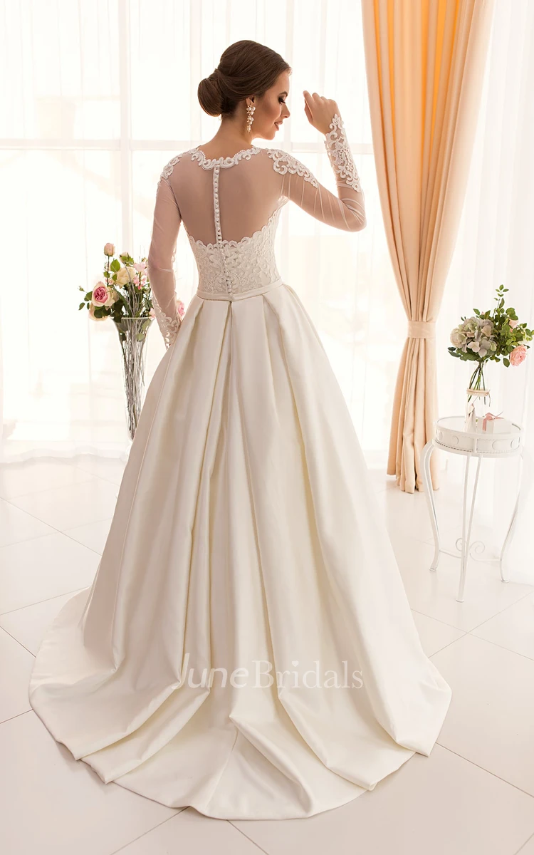A-Line Long Jewel Long-Sleeve Illusion Satin Dress With Appliques