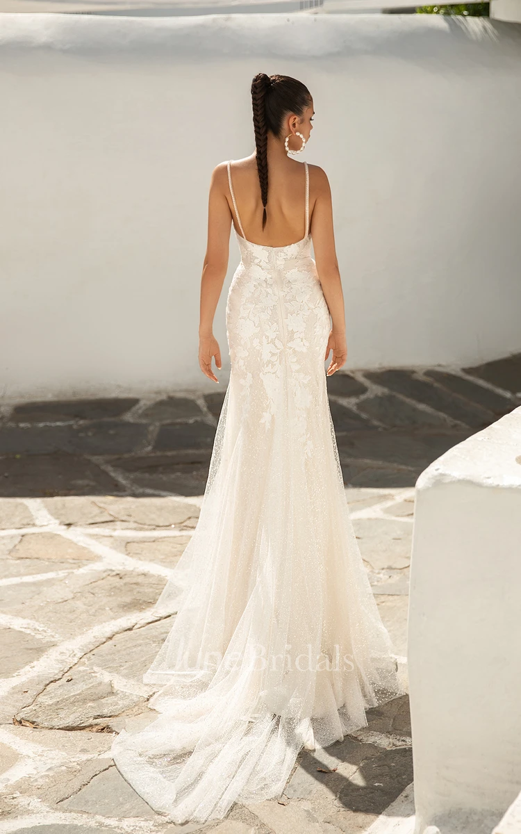 Trumpet Plunging Neckline Lace Ethereal Fairy Wedding Dress with Chapel Train Backless
