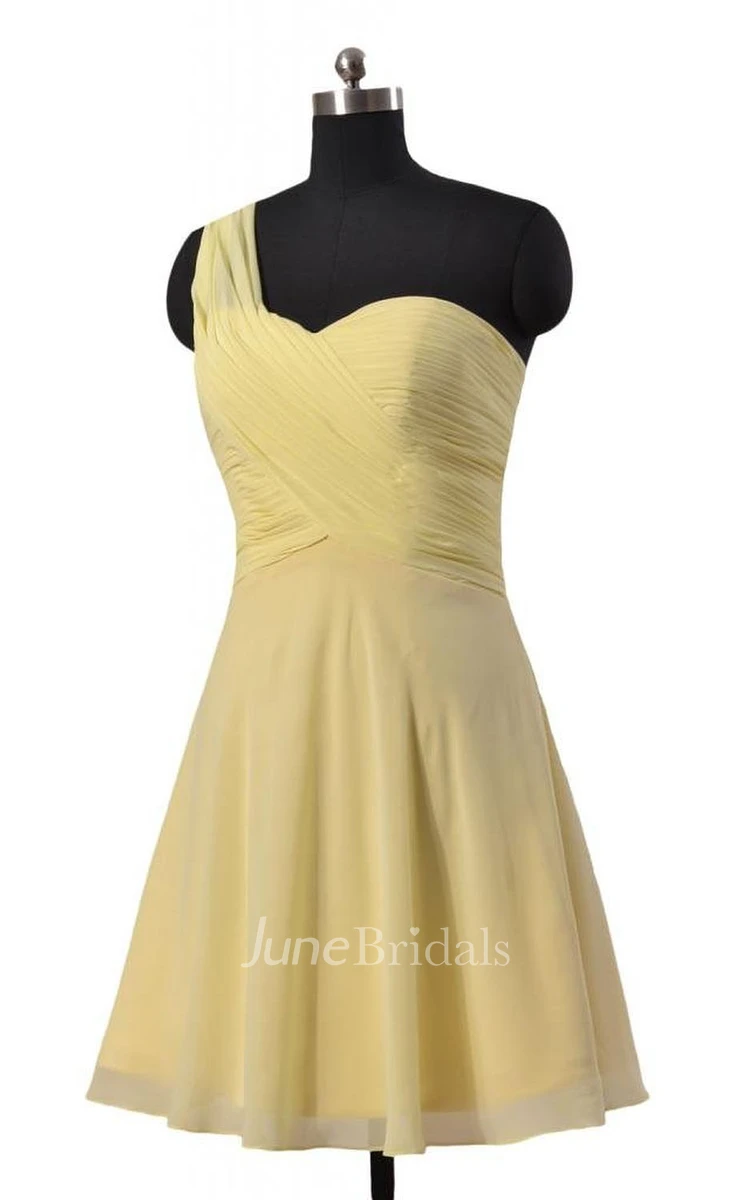 One-shoulder Ruched Bodice Knee-lengh Layered Chiffon Dress
