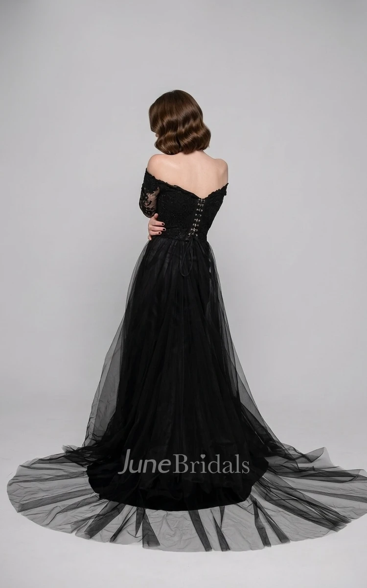Black Long Sleeves Spring Gothic Wedding Dress Boho Lace Off-Shoulder Bridal Gown with Detachable A-Line