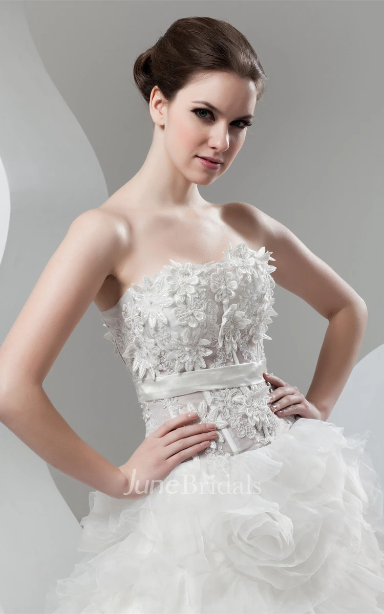 Strapless Ruffled Ball Gown with Flower and Appliques