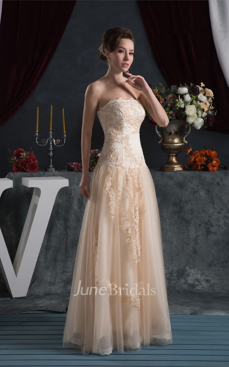 Strapless A-Line Floor-Length Dress with Appliques and Tulle Overlay
