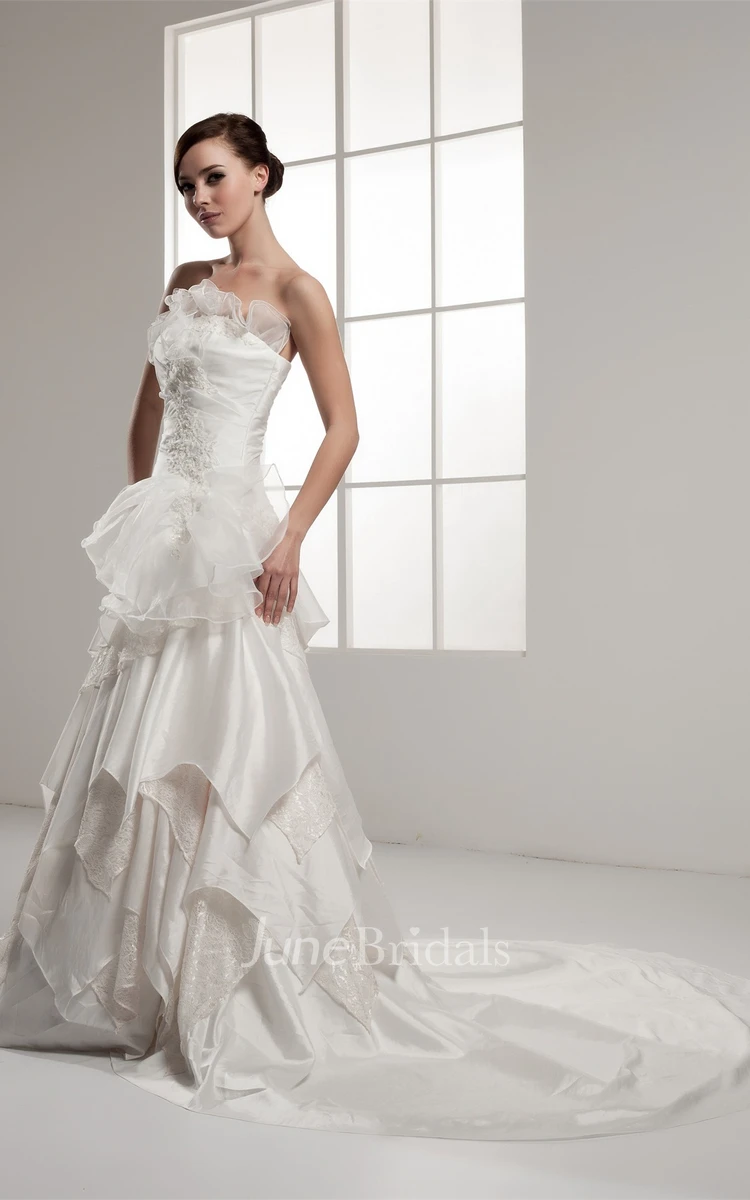 Strapless Ruched A-Line Dress with Lace and Cascading Ruffles