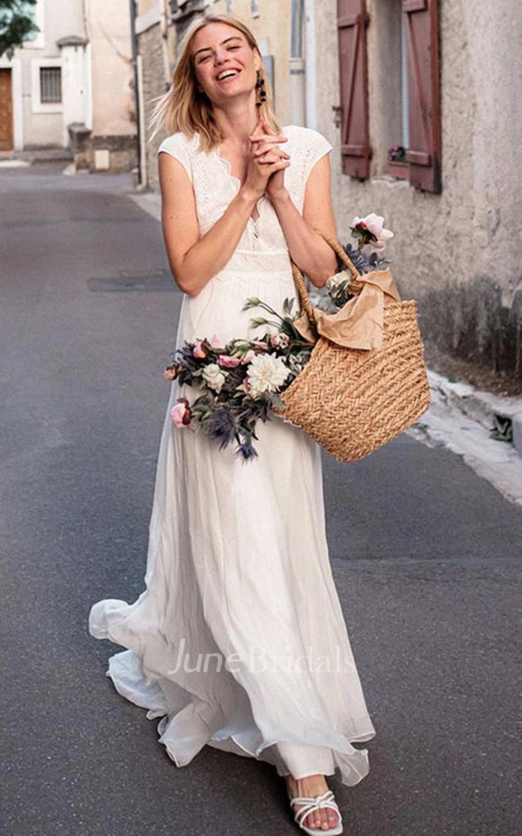 Ethereal Chiffon Lace V-neck A Line Short Sleeve Wedding Dress with Low-V Back
