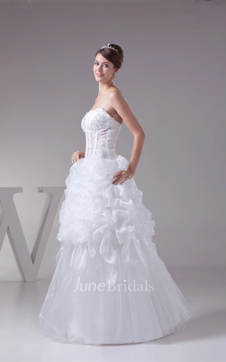 Plunged Ruffled Ball Gown with Appliques and Illusion Bodice