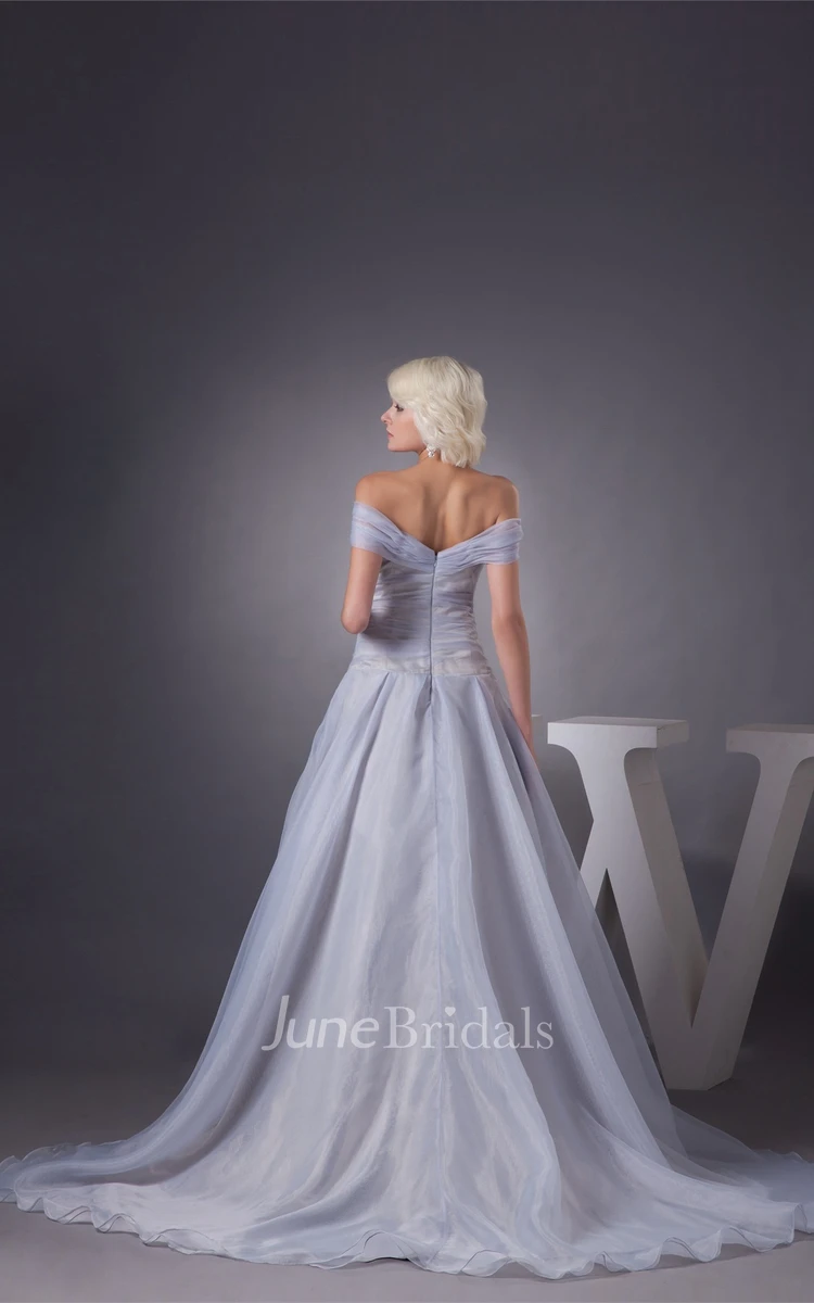 Off-The-Shoulder Ruched A-Line Gown with Pleats and Brush Train