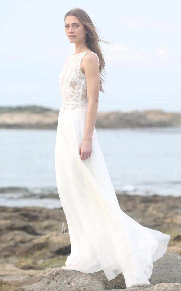 Bateau Sleeveless Lace Appliqued Chiffon Floor-Length Wedding Dress