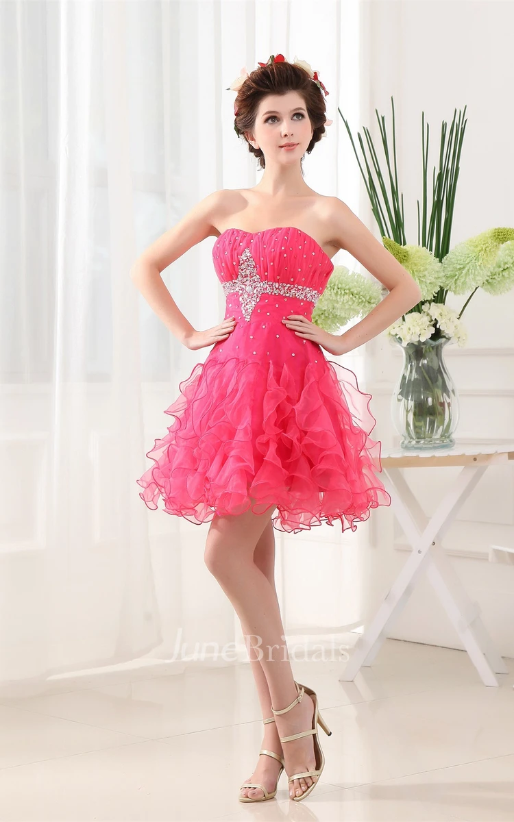 Strapless Mini-Length A-Line Gown with Crystal Detailing and Ruffles