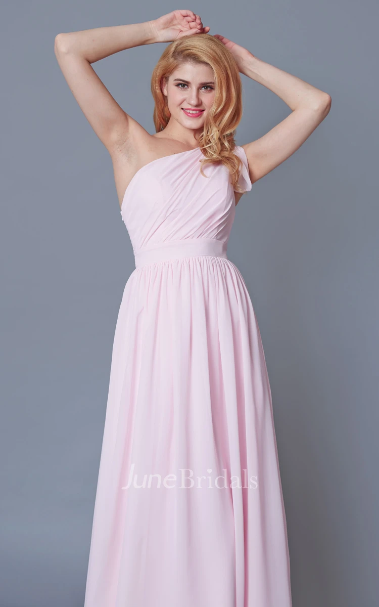 Sleeveless One Shoulder Ruched Chiffon Gown With Sash