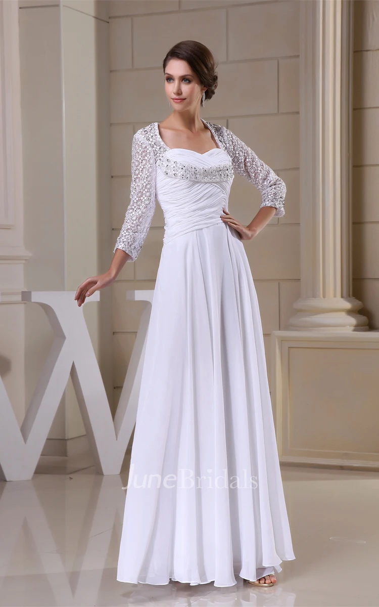 Long-Sleeve Criss-Cross Pleated Dress with Appliques and Keyhole Back