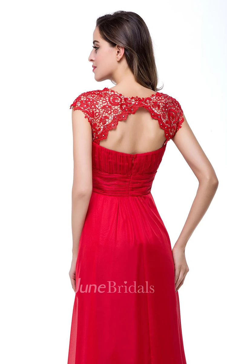 Newest Red Chiffon Lace Prom Dress Zipper Illusion Cap Sleeve