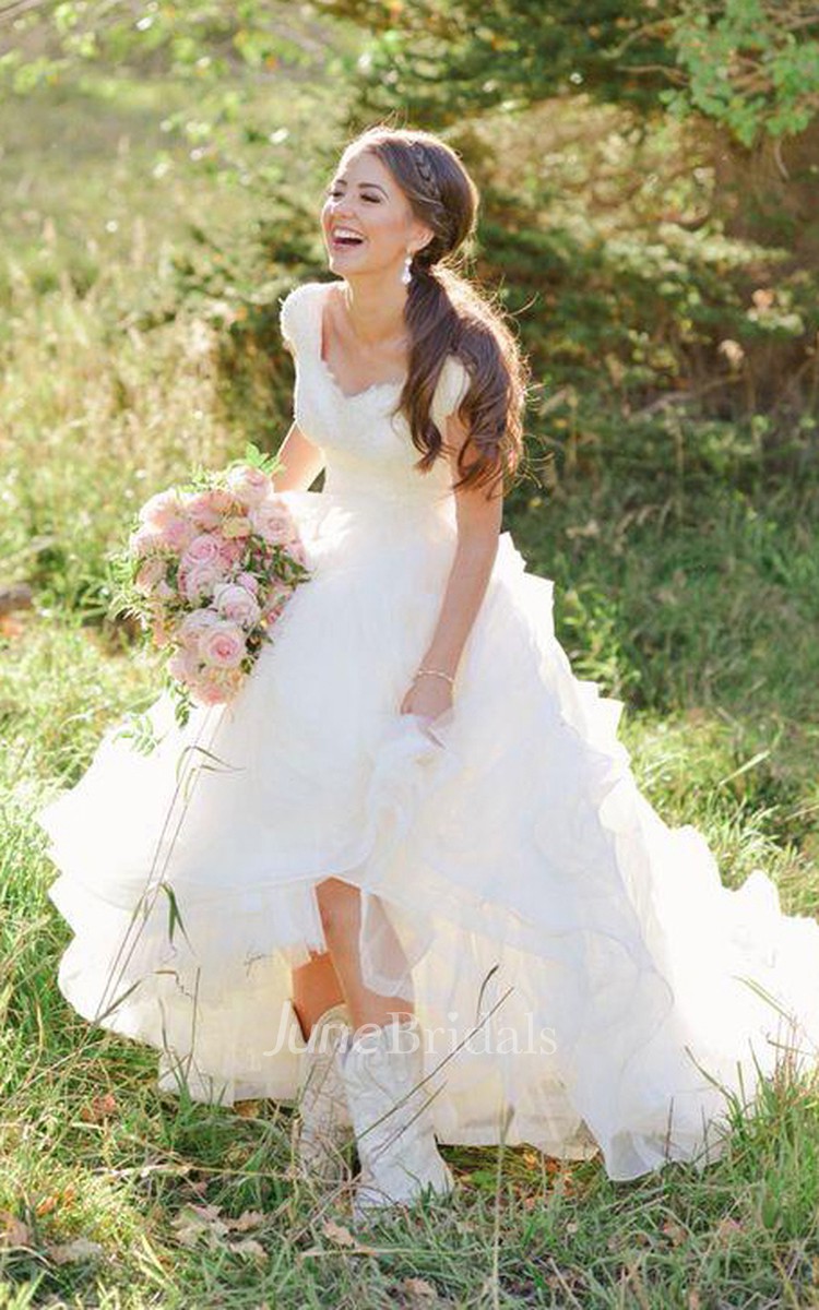 Cowboy Boots V-neck Ruffles Tiered Skirt A-line Lace Organza Wedding Dress  with Cap Sleeves - June Bridals