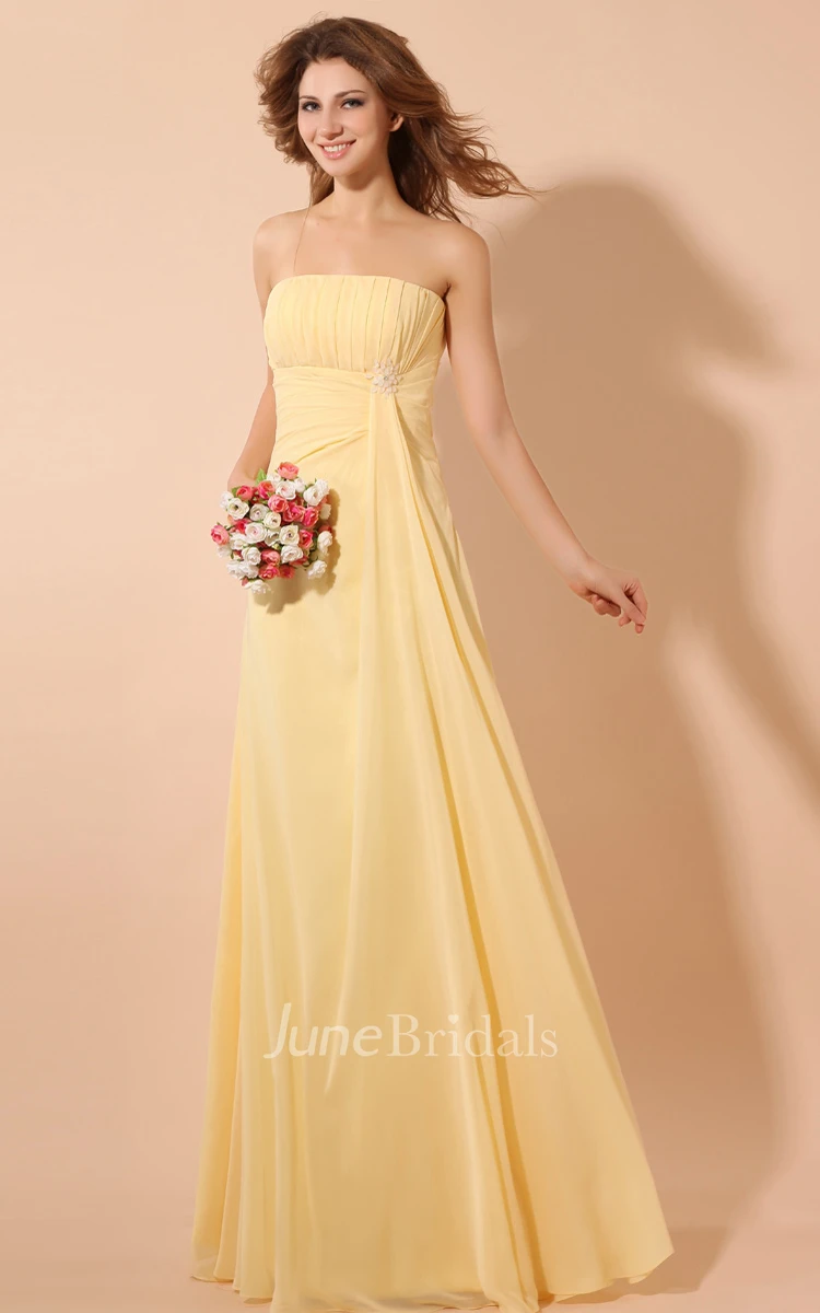 Chiffon Strapless Empire Dress With Draping And Broach
