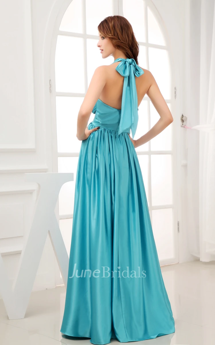 Plunged Sleeveless Satin Dress With Front-Split Design