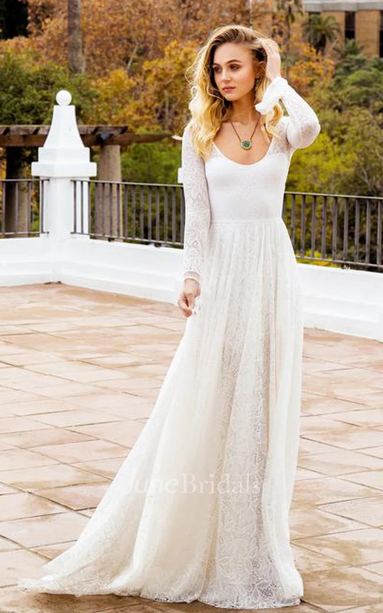 Bohemian Lace Scoop A Line Long Sleeve Wedding Dress with Keyhole Back