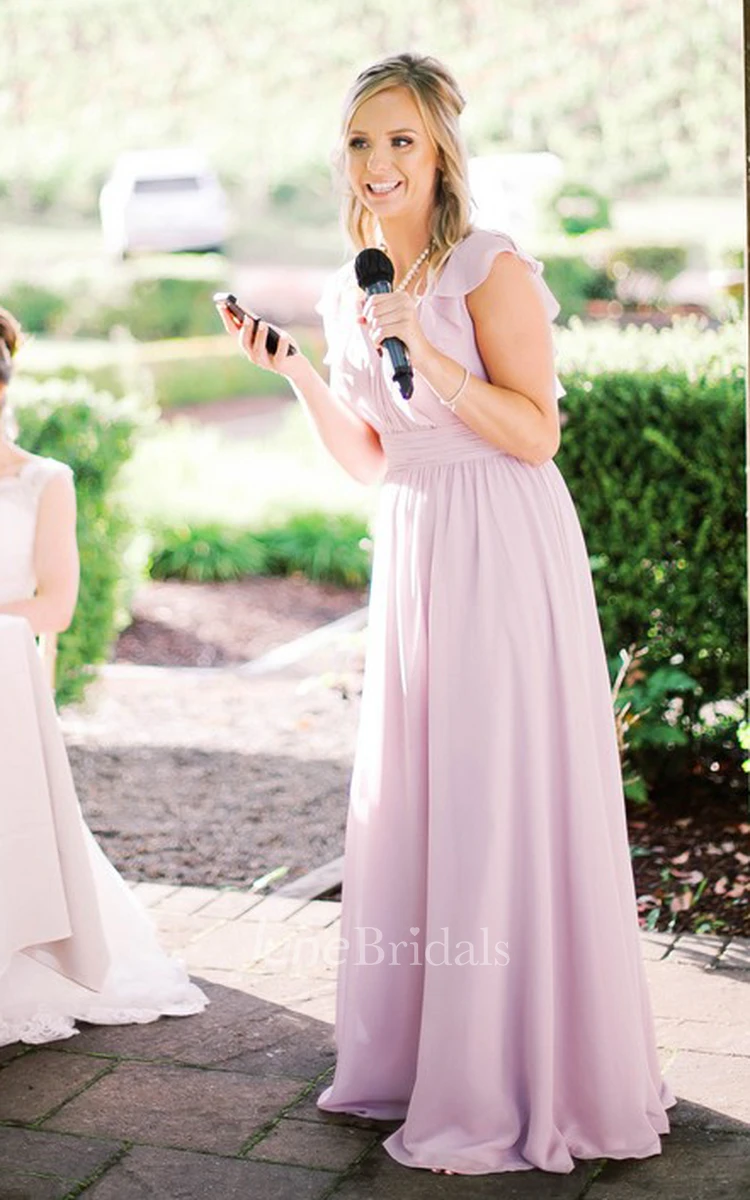 Modern A Line V-neck Chiffon Bridesmaid Dress With Short Sleeves And Low-V Back