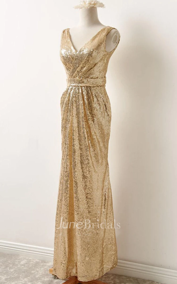 V-Neck Sleeveless Sequins Dress With Draping