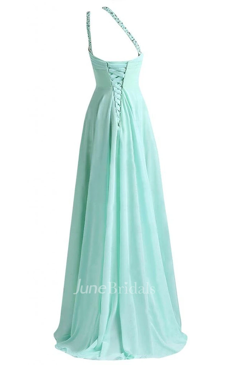 One-shoulder Beaded Chiffon A-line Gown With Lace-up Back