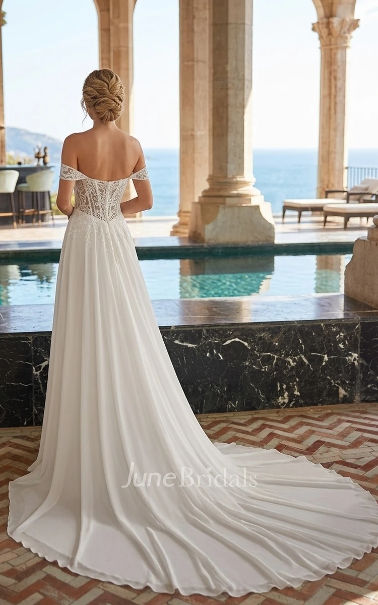 Bohemian Floral Lace A-Line Wedding Dress Modern Off Shoulder Deep V-Neck Gown Side Slit for Beach and Destination Weddings