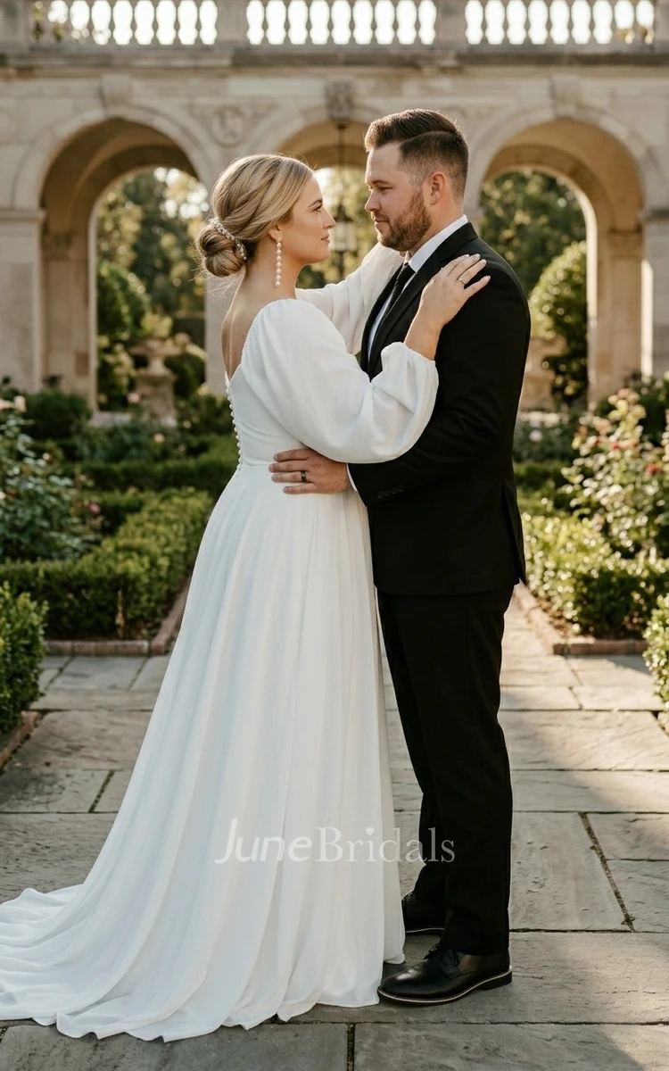 Simple Modest Plus Size Long Sleeve Spring Wedding Dress Casual Flattering A-Line Chiffon Bridal Gown