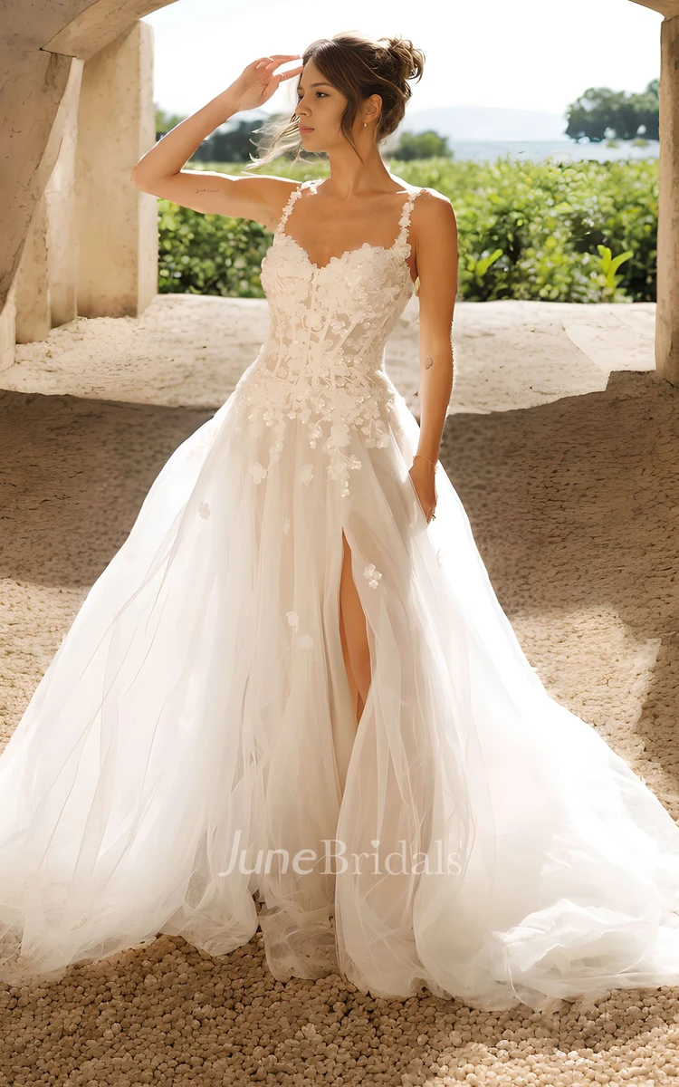 Ethereal Romantic A-Line Lace Bohemian Wedding Dress with Front Slit Flower Strap Sweetheart Gown