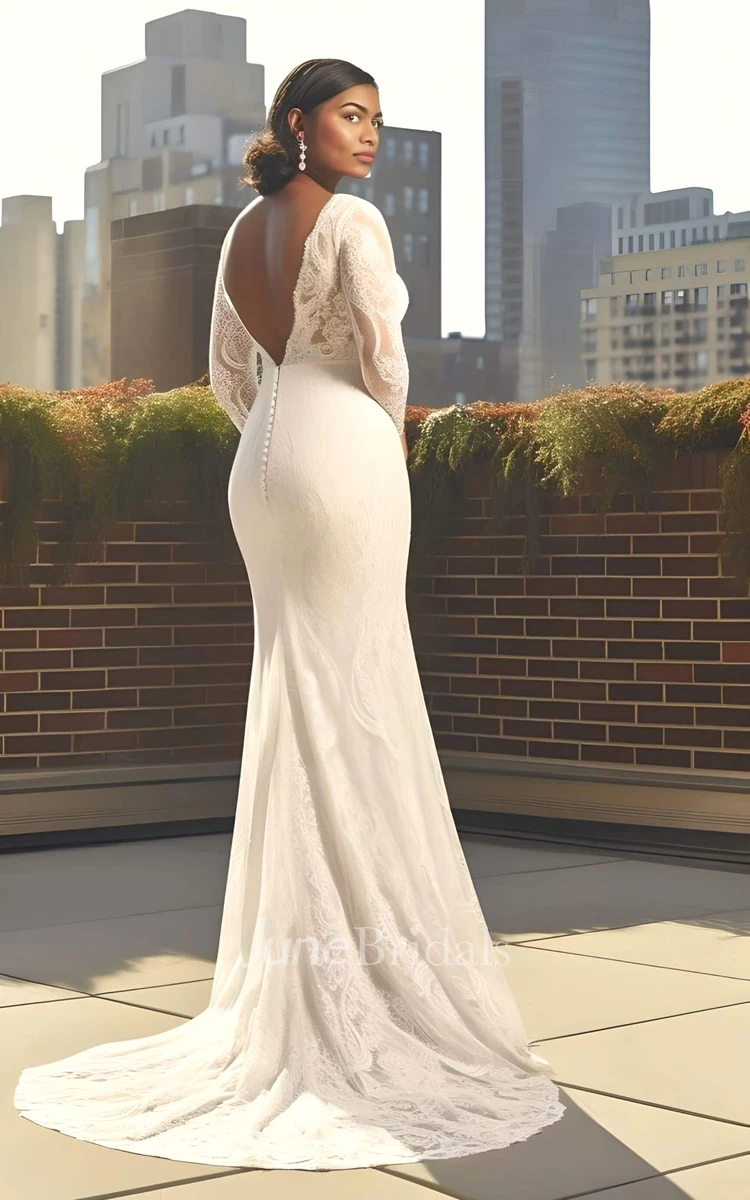 Mermaid Plus Size Chiffon Lace Long Sleeve Wedding Dress 2024 V-neck Sexy Elegant Romantic Court Train Country Garden
