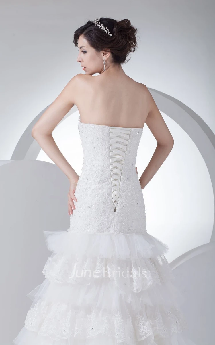 Intricate Strapless Column Dress With Tiers and Beaded Bodice