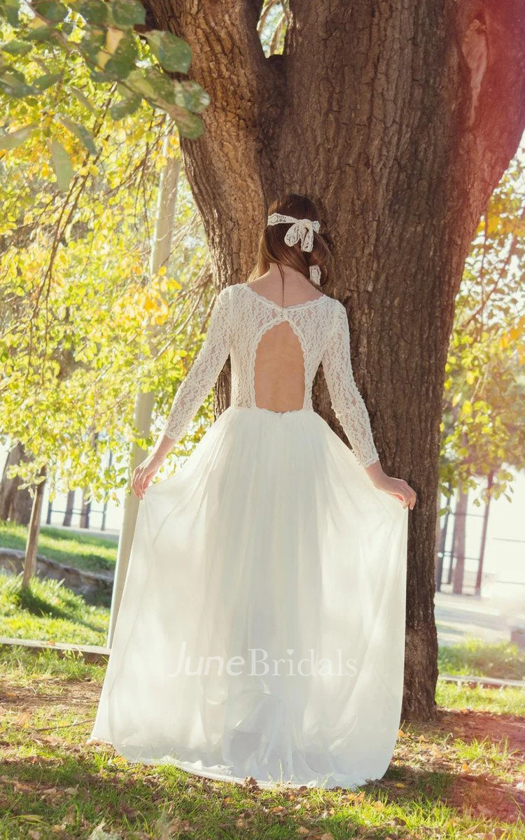 Jewel Illusion Sleeve Long Lace Wedding Dress With Keyhole Back And Pleats