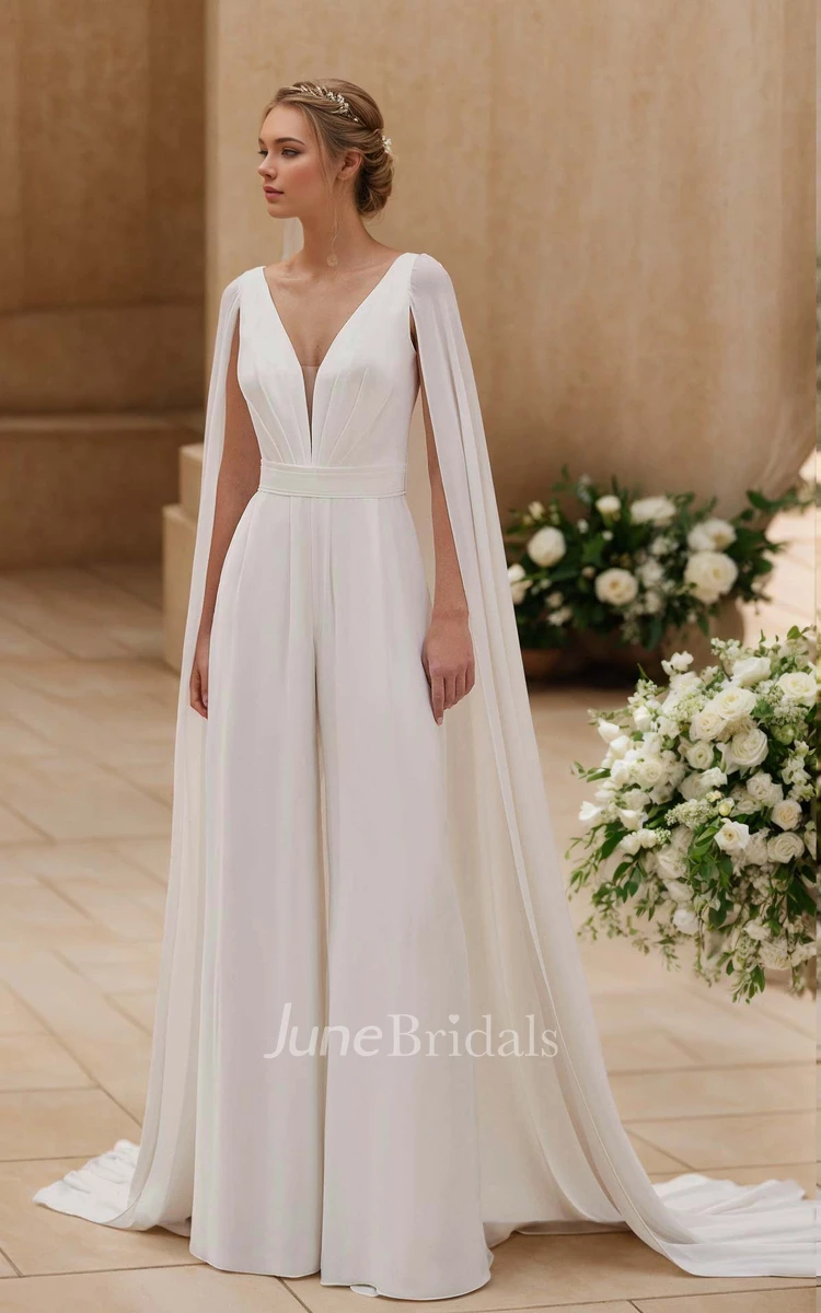 Elegant Solid Jumpsuit A-Line Plunging V-neck Chiffon Wedding Dress Simple Modern Sleeveless Floor-length Sash Low-V Back with Zipper Bridal Gown with Cape