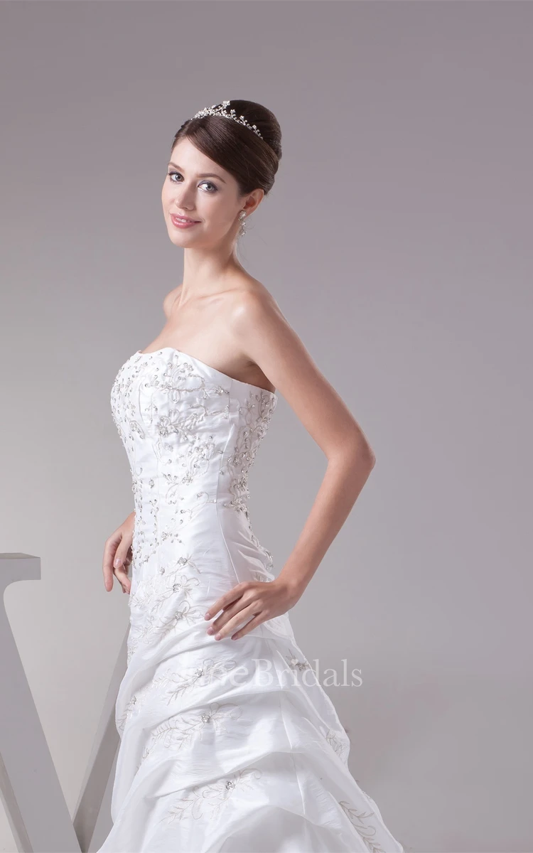 Strapless Embroidered Pick-Up Gown with Corset Back and Brush Train
