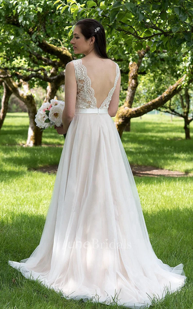 Illusion V-Neck A-Line Tulle Wedding Dress With Tulle Skirt.