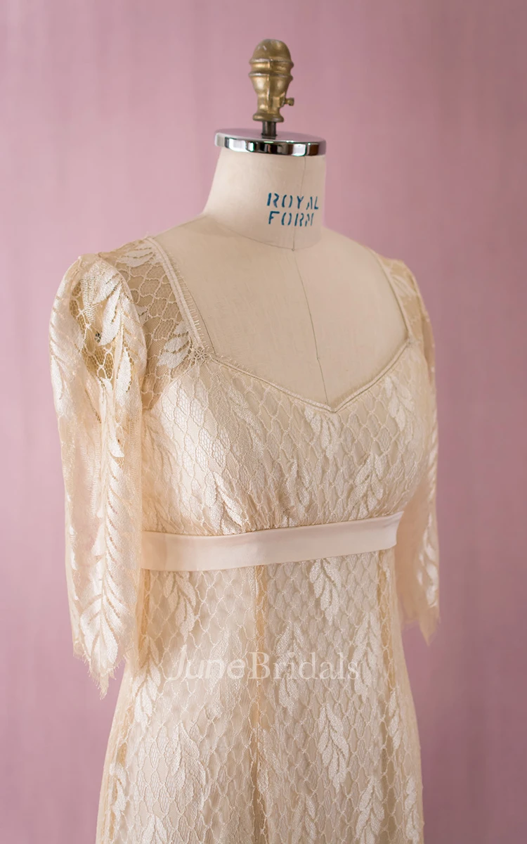 Simple-Designed Half-sleeved V-neck V-back Lace Dress