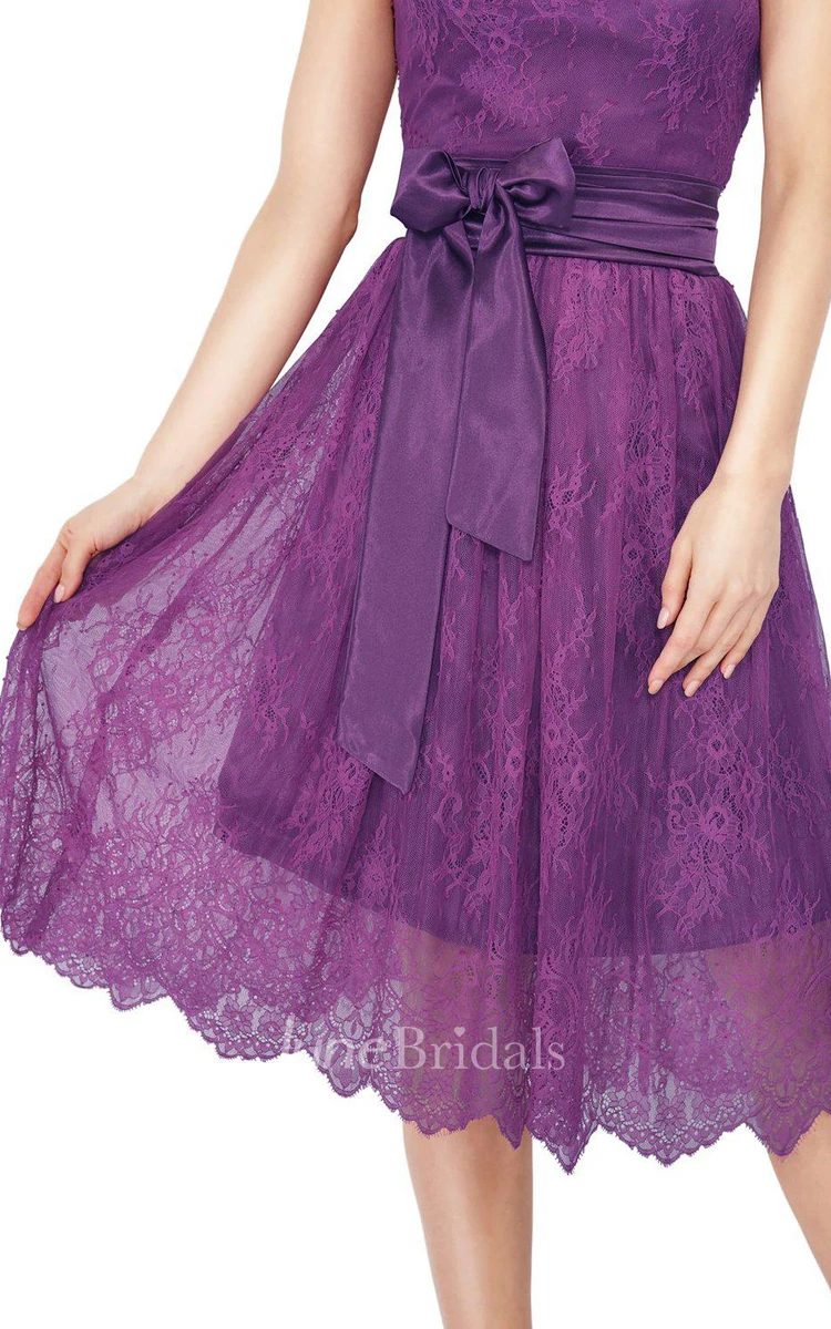 One-shoulder Tea-length Dress With Lace and Bow