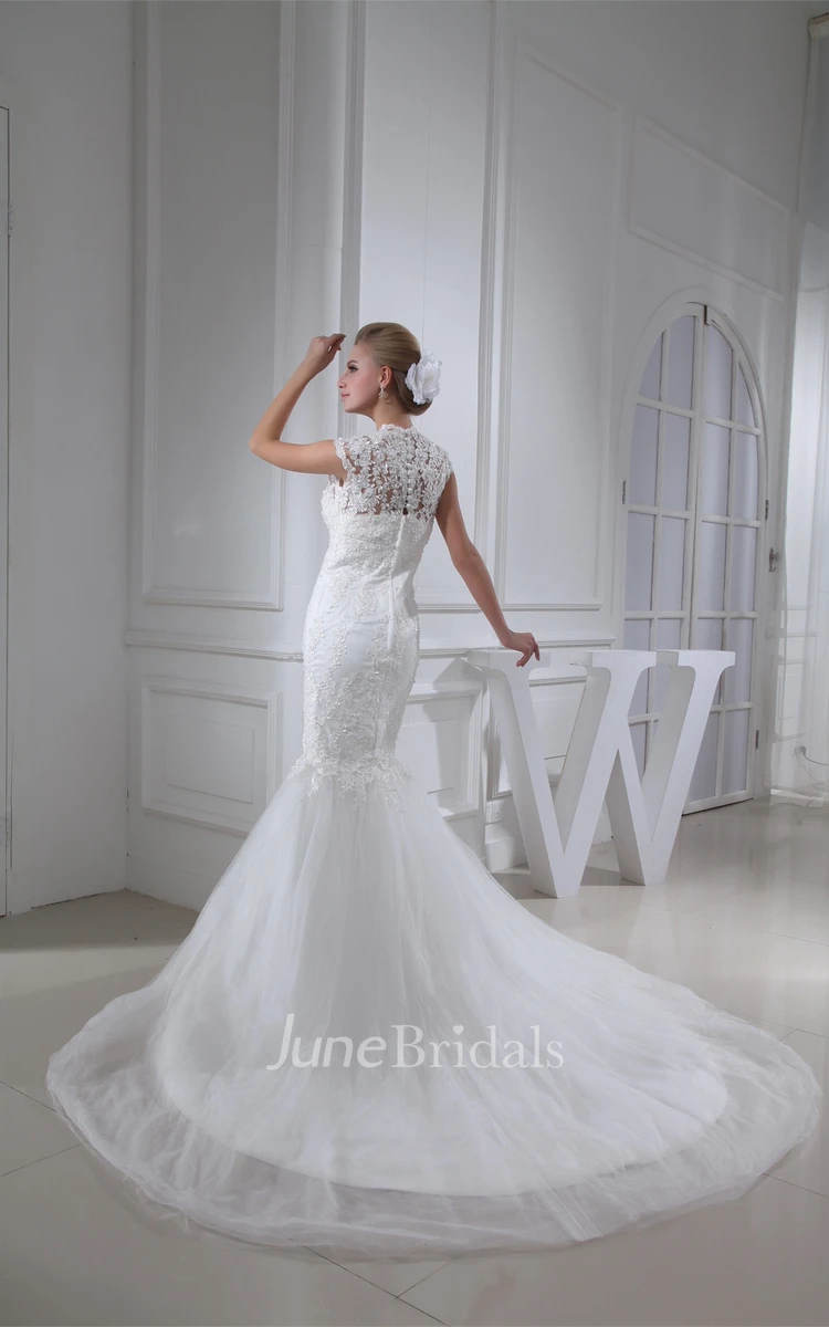 Queen-Anne Mermaid Tulle Dress with Appliques and Court Train